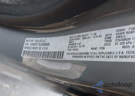 2020 Ram 1500 из США, поврежденный, VIN 1C6SRFFTXLN384600